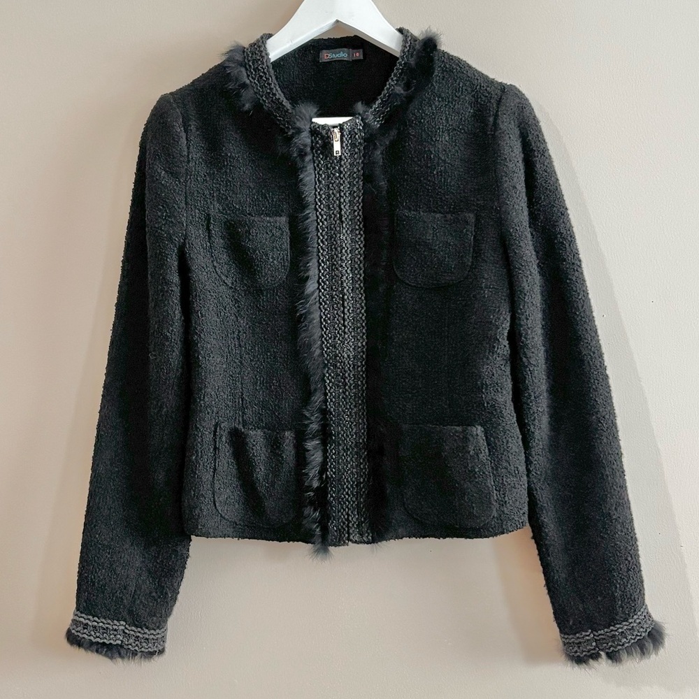 Dstudio Canada Tweed Bomber Jacket Fur Fringe Lace Circle Neck Sz 10 Black